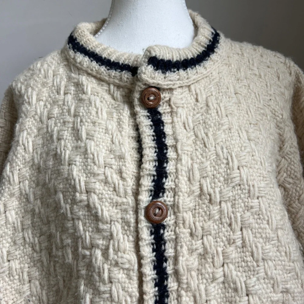 Vintage Chunky Cardigan Sweater Cream Basketweave Hand Knit Button Up Oversized